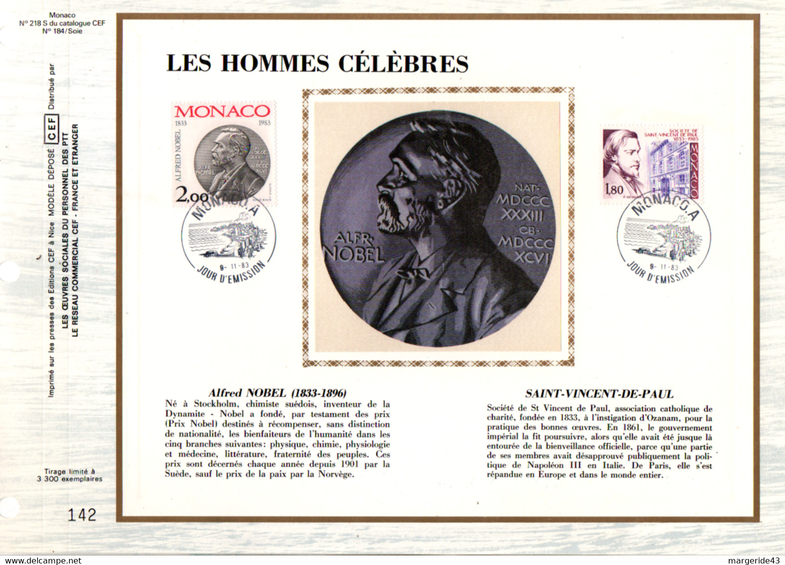 MONACO DOCUMENT FDC 1983 ALFRED NOBEL ET SAINT VINCENT DE PAUL - FDC