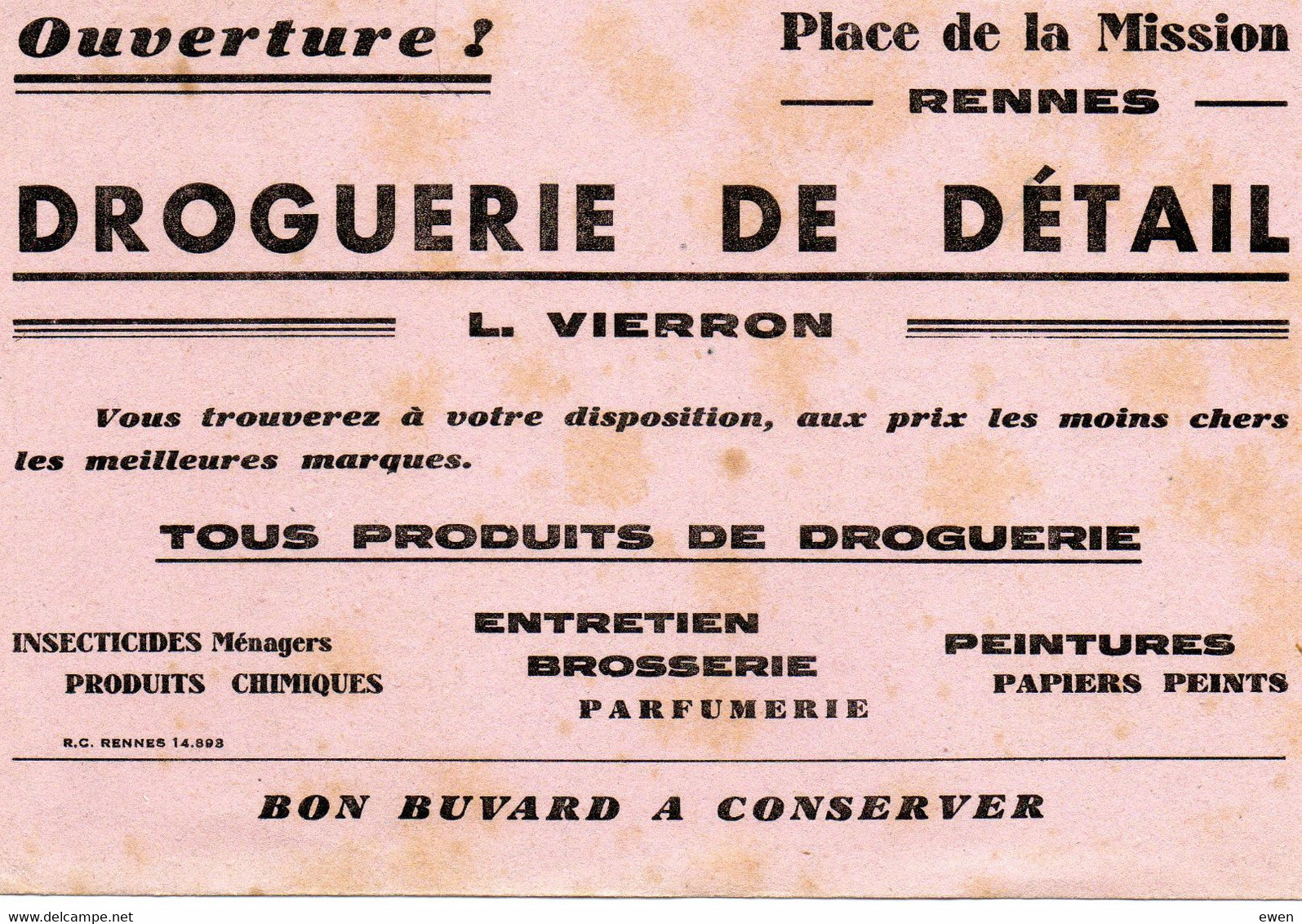 Rennes. Buvard Ancien Droguerie Vierron. - Autres & Non Classés