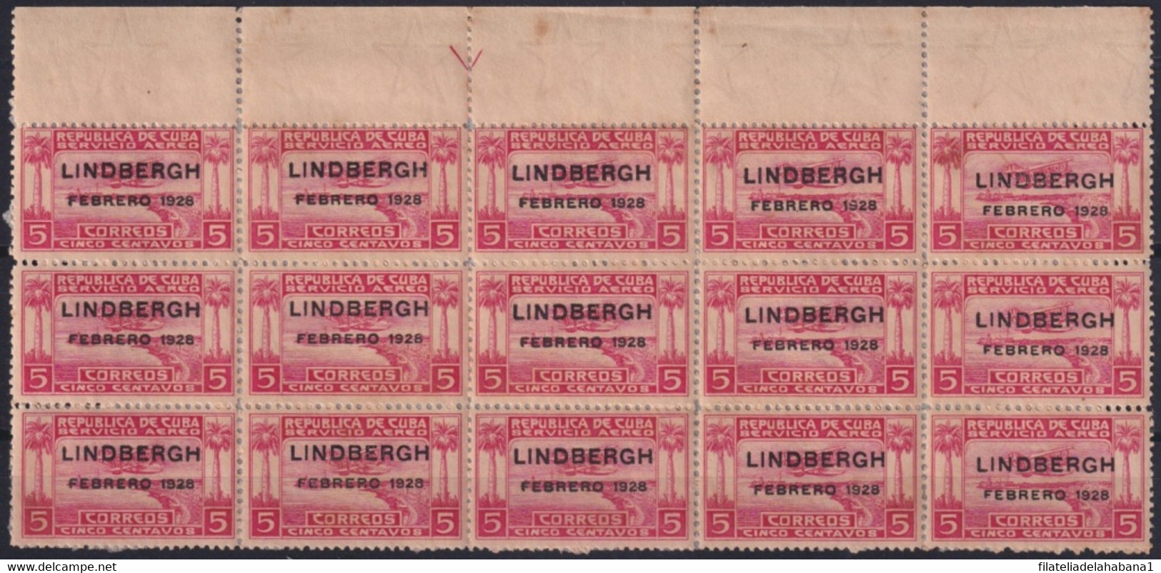 1928-166 CUBA REPUBLICA 1928 LINDBERGHT BLOCK OF 15 PAPEL SEPARADOR PEGADO AL DORSO. - Neufs