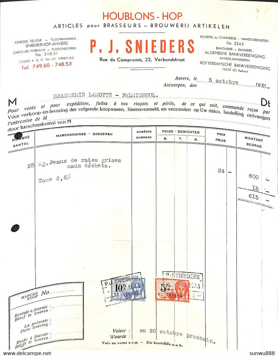 Anvers - Houblons Jop P J Snieders 1933 + Timbres - 1900 – 1949