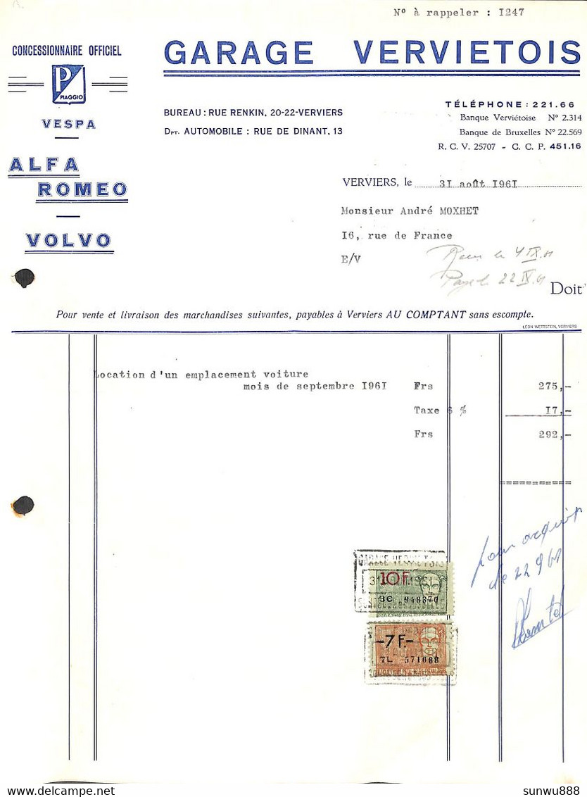 Verviers - Garage Verviétois - Vespa Alfa Roméo Volvo 1961 + Timbres - 1950 - ...