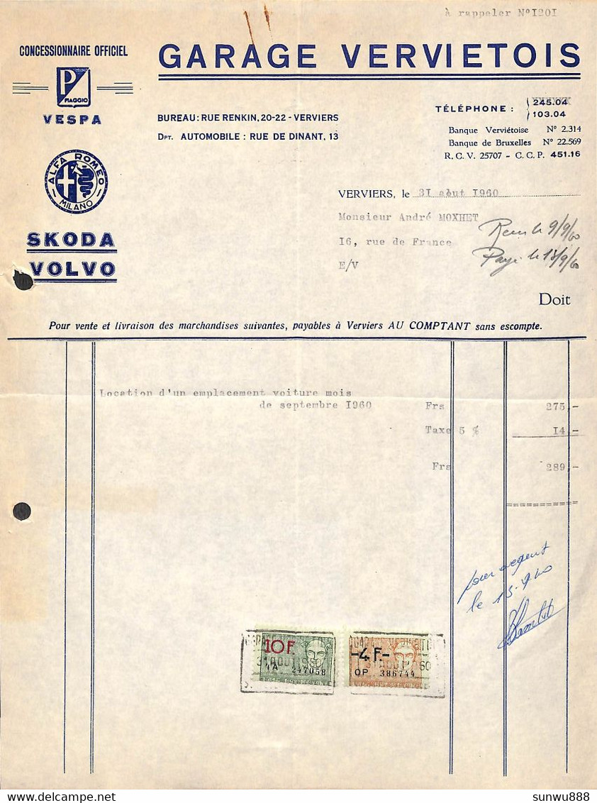 Verviers - Garage Verviétois - Vespa Alfa Roméo Skoda Volvo 1960 + Timbres - 1950 - ...