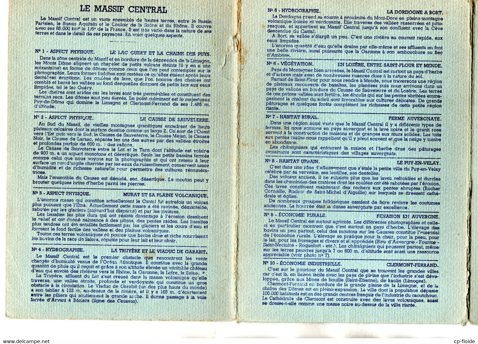 " LE MASSIF CENTRAL " . GÉOGRAPHIE . TEXTE DE MONSIEUR FAURE . DIX PHOTOS ORIGINALES - Réf. n°743F -