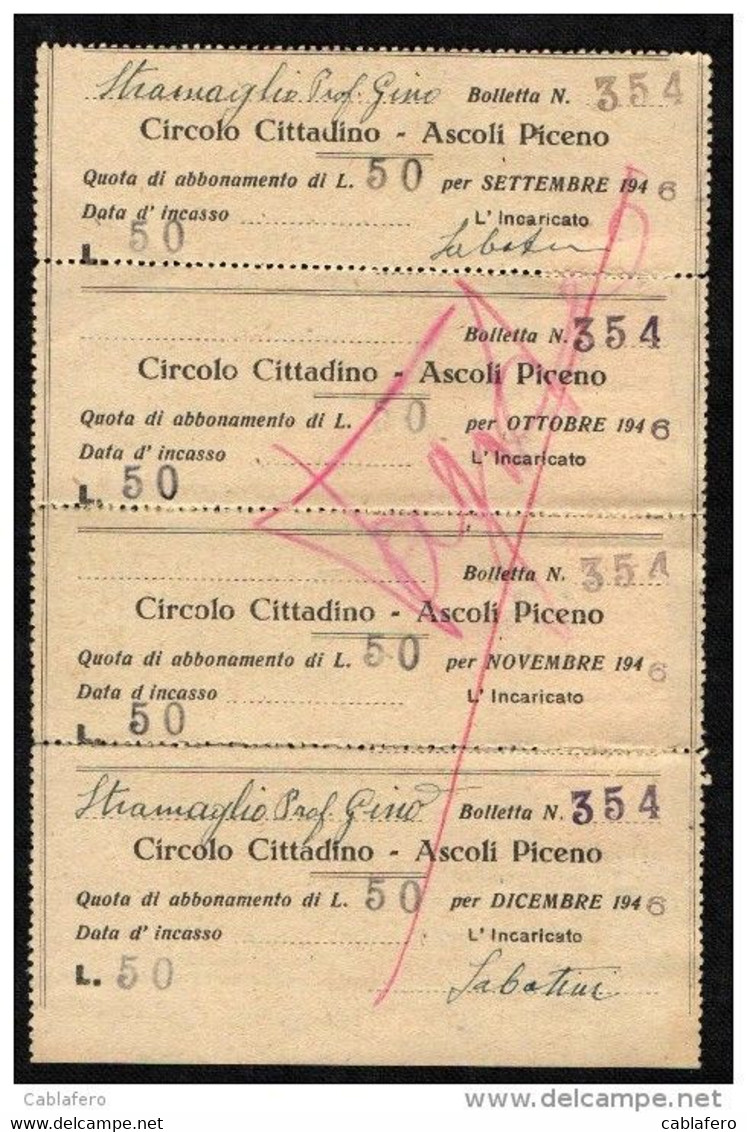 ITALIA - 1946 - FISCALI INDUSTRIA E COMMERCIO - 4 Marche Da 2 Lire - RICEVUTA CIRCOLO CITTADINO - ASCOLI PICENO - Steuermarken