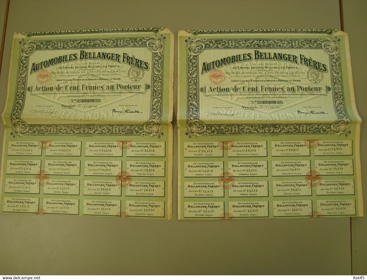 LOT DE 2 ACTIONS DE 100 FRANCS AUTOMOBILES BELLANGER FRERES - Automovilismo