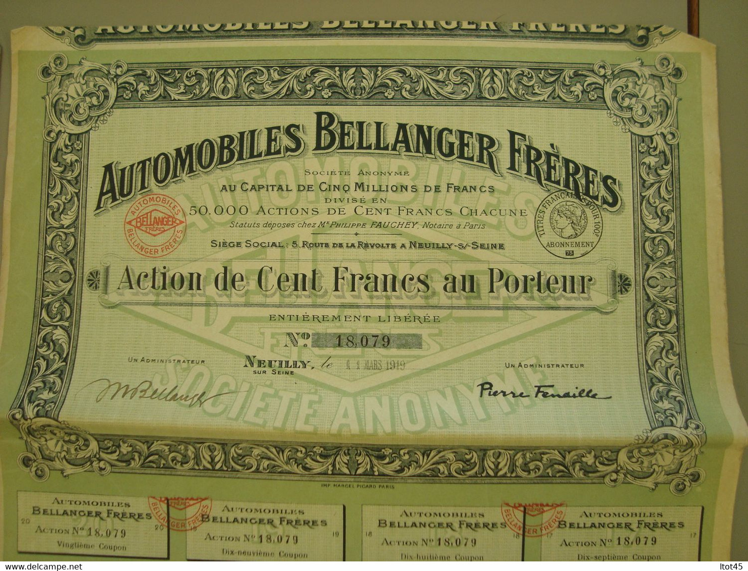 LOT DE 2 ACTIONS DE 100 FRANCS AUTOMOBILES BELLANGER FRERES - Automobile