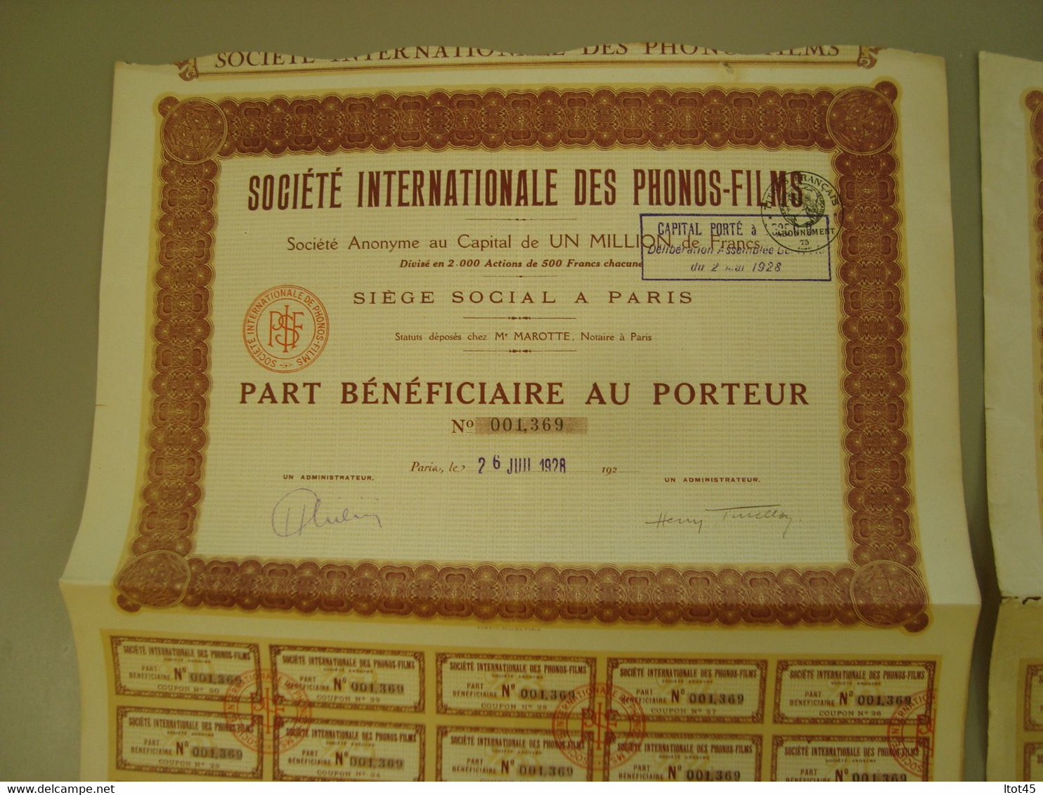 LOT DE 2 ACTIONS PART BENEFICIAIRE SOCIETE INTERNATIONALE DES PHONOS-FILMS - Cinema & Teatro