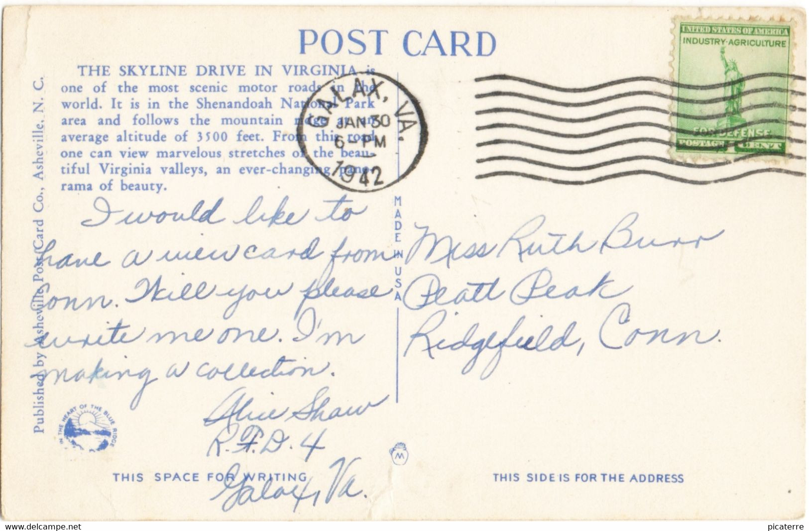 V-591   Panoramic View On The Skyline Drive- (Single Ring Postmark- GALAX  VA. 1942)-Marcophilie - American Roadside