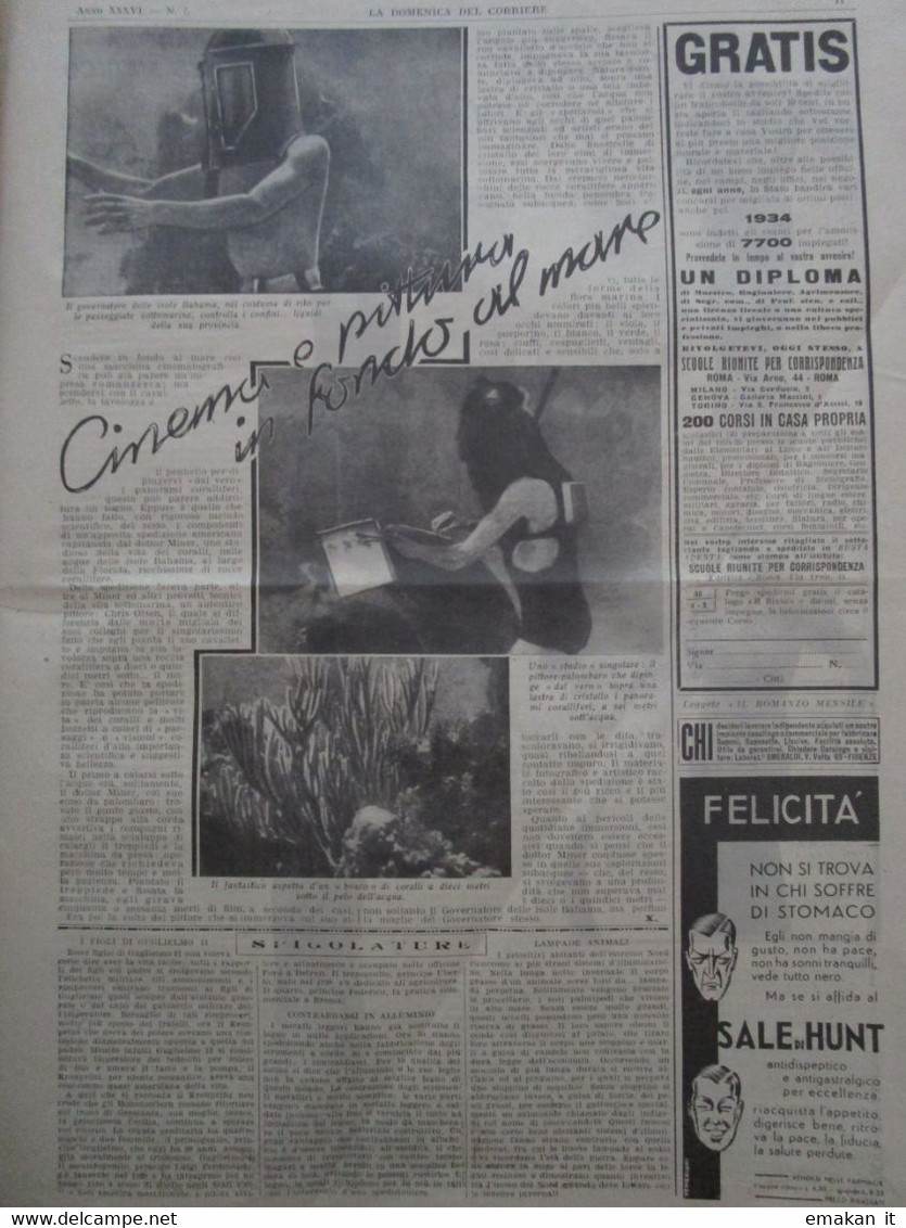 # DOMENICA DEL CORRIERE N 5 / 1934 DUCE A MODENA / CINEMA IN FONDO AL MARE / LITTORALI A CORTINA - Primeras Ediciones