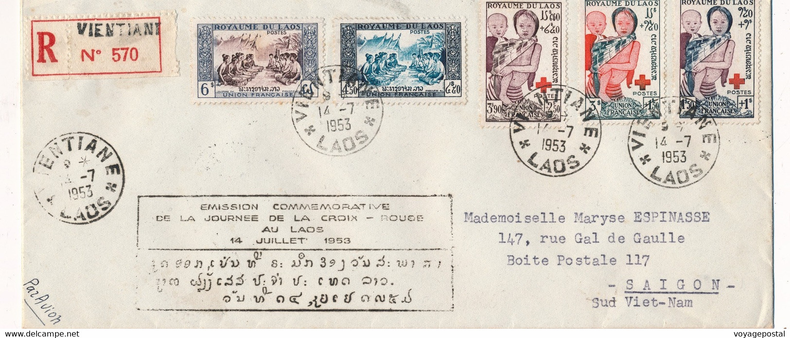 LETTRE RECOMMANDÉE VIENTIANE LAOS SÉRIE CROIX ROUGE COVER 1953 FDC RED CROSS - Laos