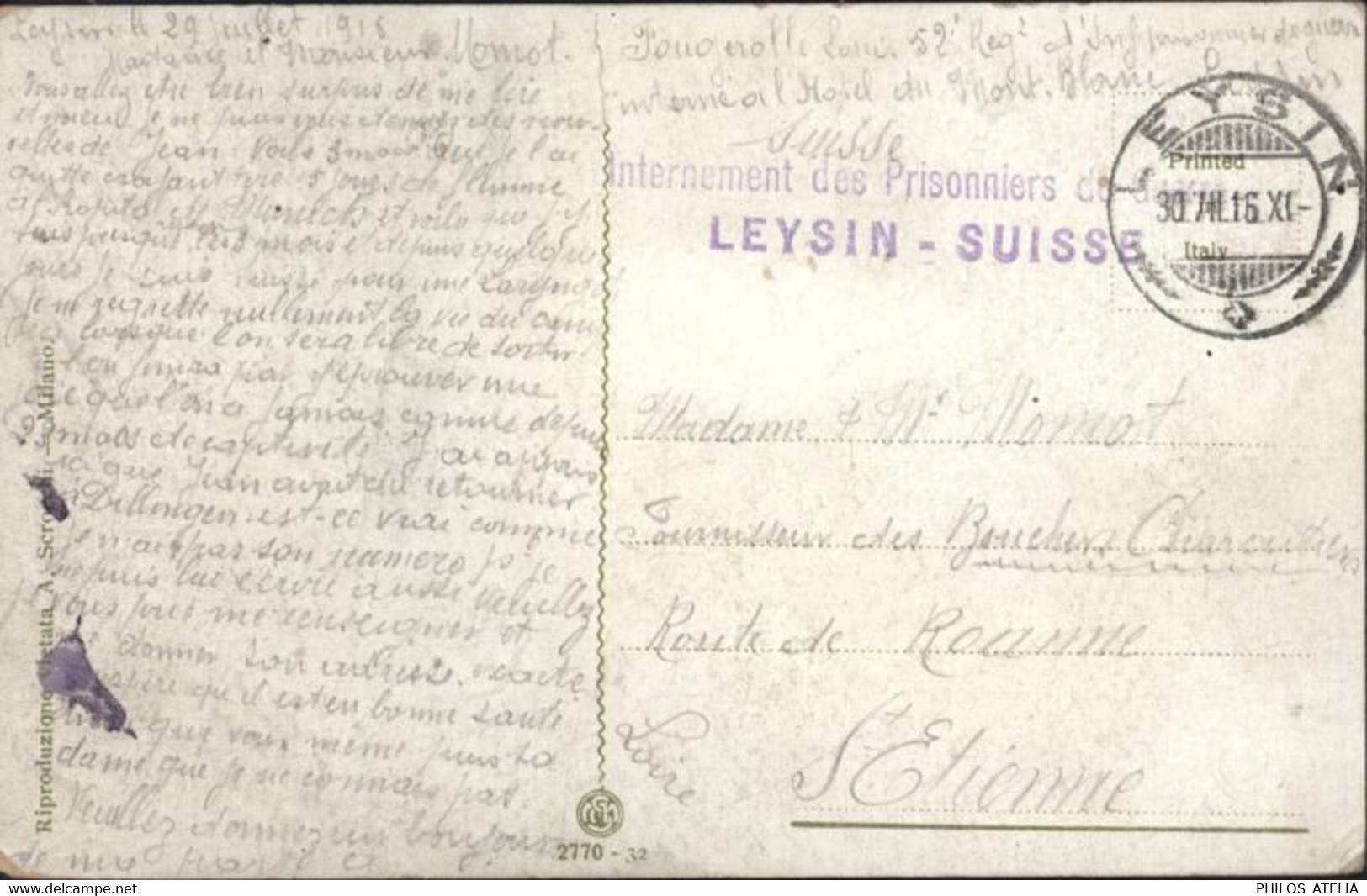 Guerre 14 Cachet Internement Prisonniers De Guerre Leysin Suisse CAD Leysin 30 XII 16 FM Franchise CPA Artiglieria - Poststempel