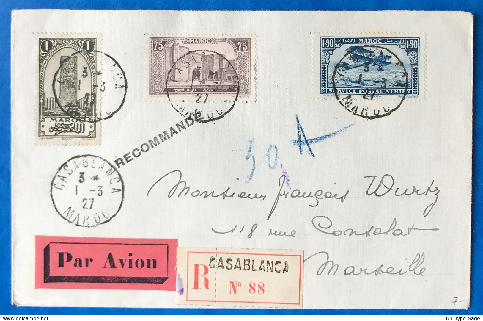 Maroc N°63, 115 Et PA N°9 Sur Enveloppe Recommandée De Casablanca 1.3.1927 Pour Marseille - (B3542) - Poste Aérienne