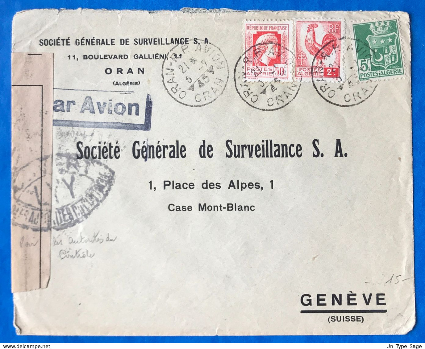 Algérie, Divers Sur Enveloppe Censurée TAD ORAN R.P. AVION, Oran 3.9.1943 - (B3544) - Lettres & Documents