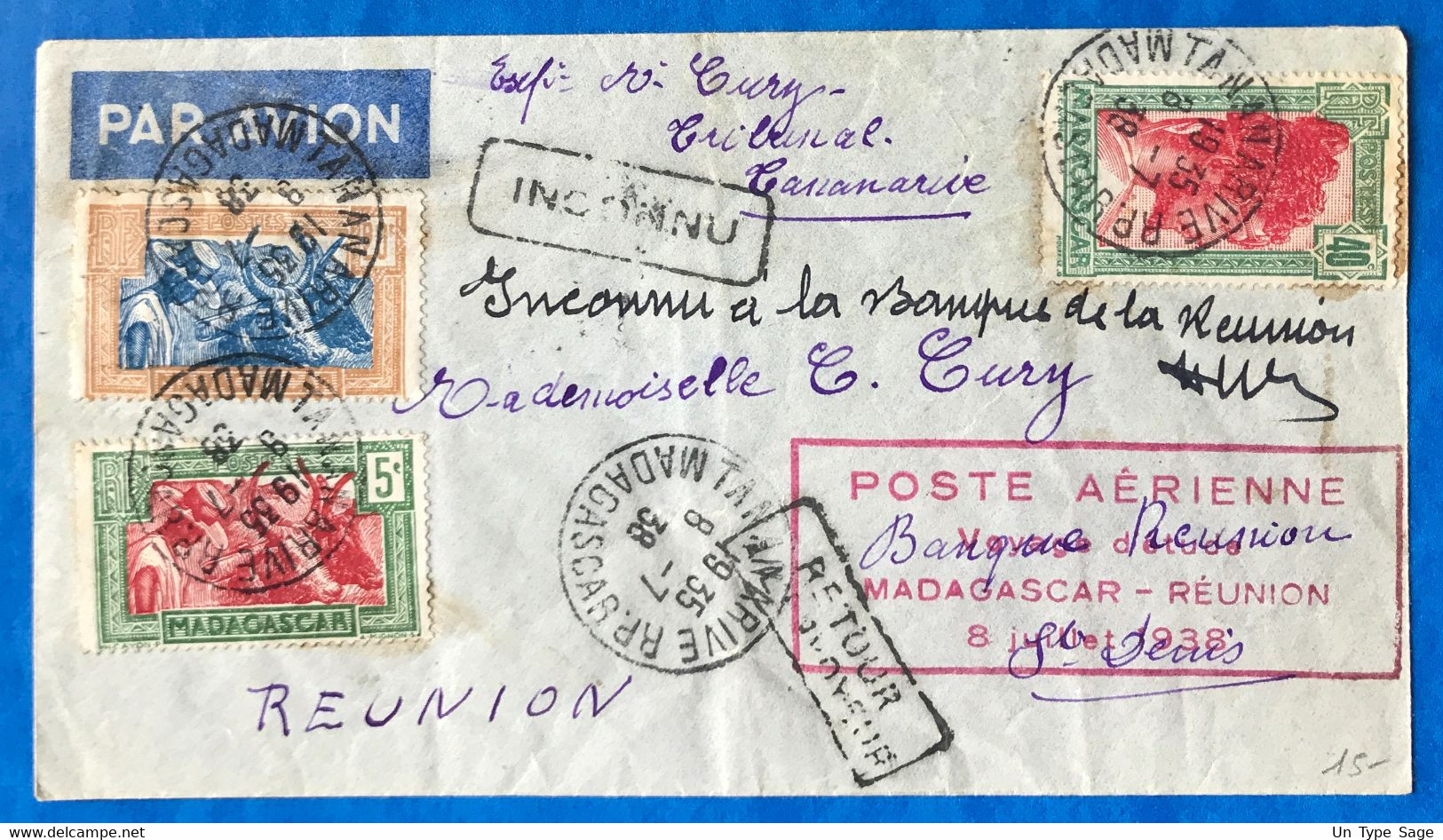 Madagascar, Divers Sur Enveloppe, Griffe Poste Aérienne VOL D'ETUDE Madagascar-Réunion 8.7.1938 - (B3580) - Poste Aérienne