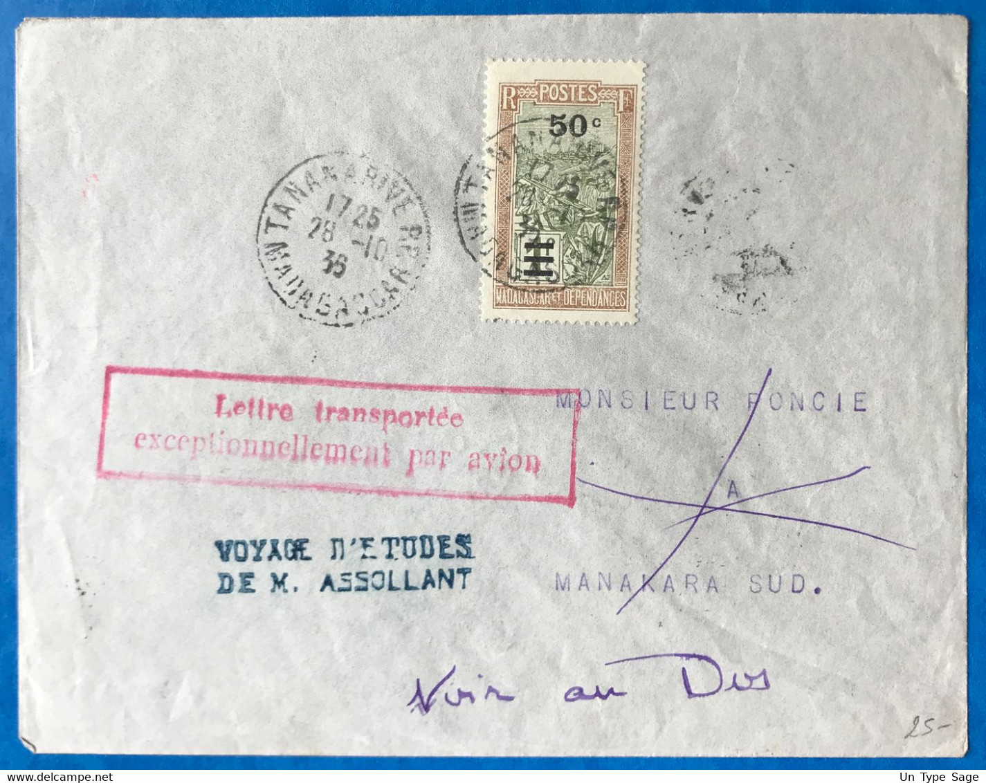 Madagascar, Griffe VOYAGE D'ETUDE DE M. ASSOLLANT Sur Enveloppe 28.10.1935 - 2 Photos - (B3600) - Airmail