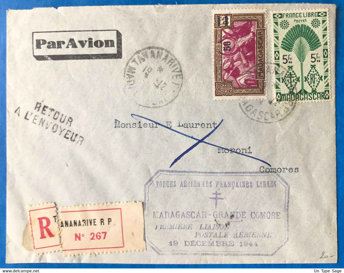 Madagascar, Griffe FORCES AERIENNES FRANCAISE LIBRES Sur Enveloppe 19.12.1944 - (B3617) - Luftpost
