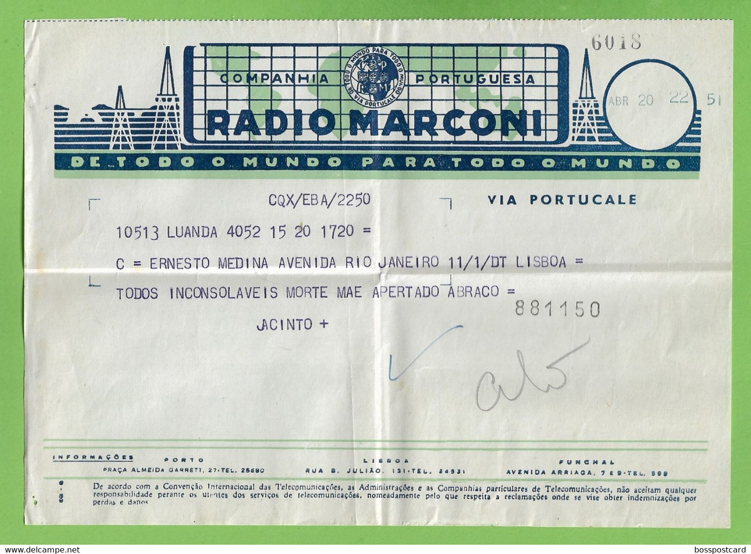 História Postal - Filatelia - Rádio Marconi - Telegrama - Telegram - Philately  - Angola - Portugal - Storia Postale