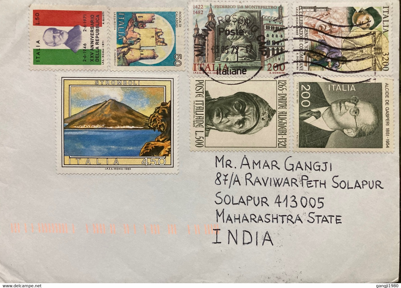 ITALY 2022, DANTE GASPERI ,4650 LIRA RATE ! 7 STAMPS MOUNTAIN,WATER,STROBOLI ,FORT, MILANO CITY CANCELLATION,COVER TO IN - 2021-...: Usati