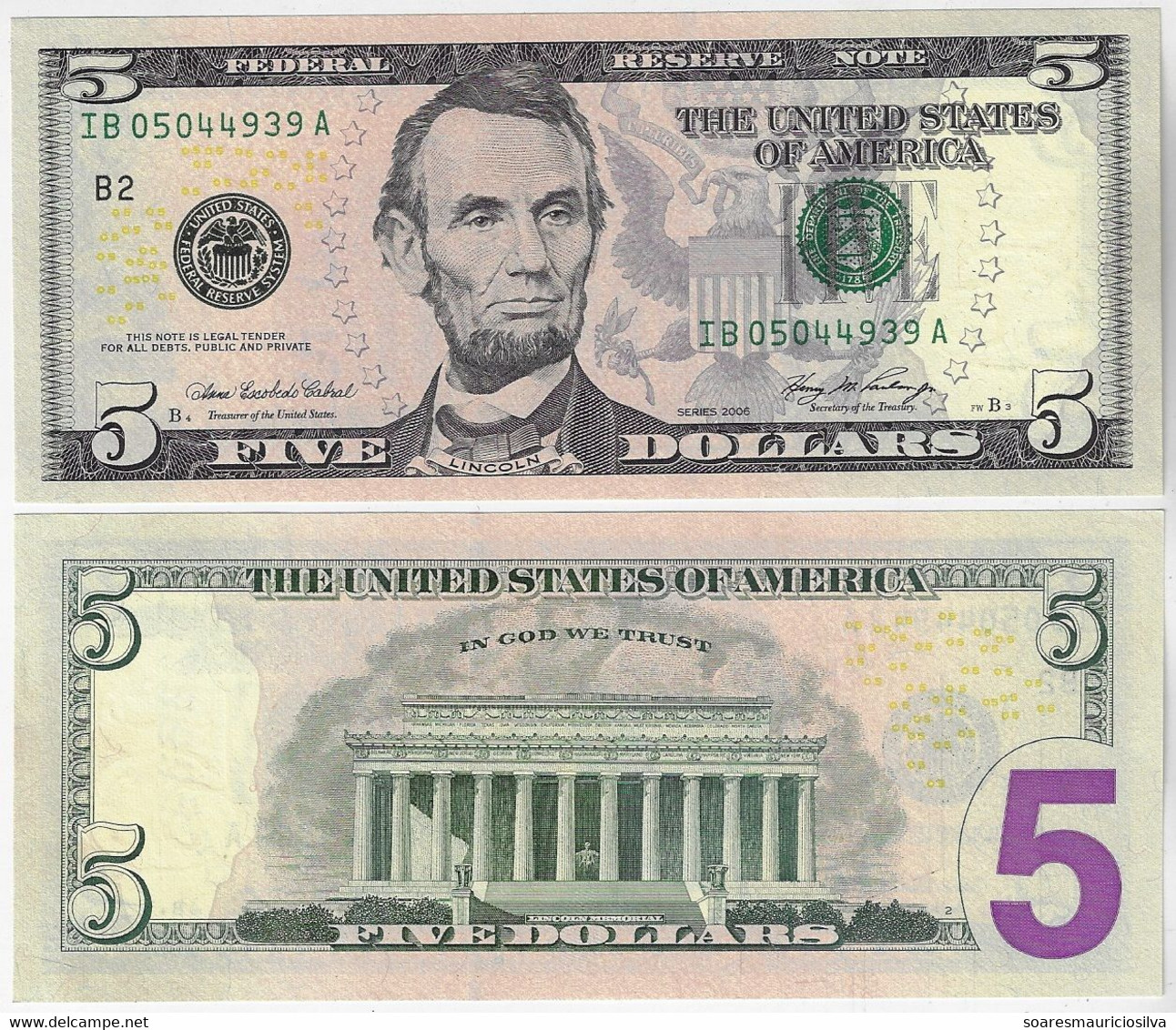 USA United States 5 Dollar 2006 Pick-524 Unc - Biljetten Van De  Federal Reserve (1928-...)