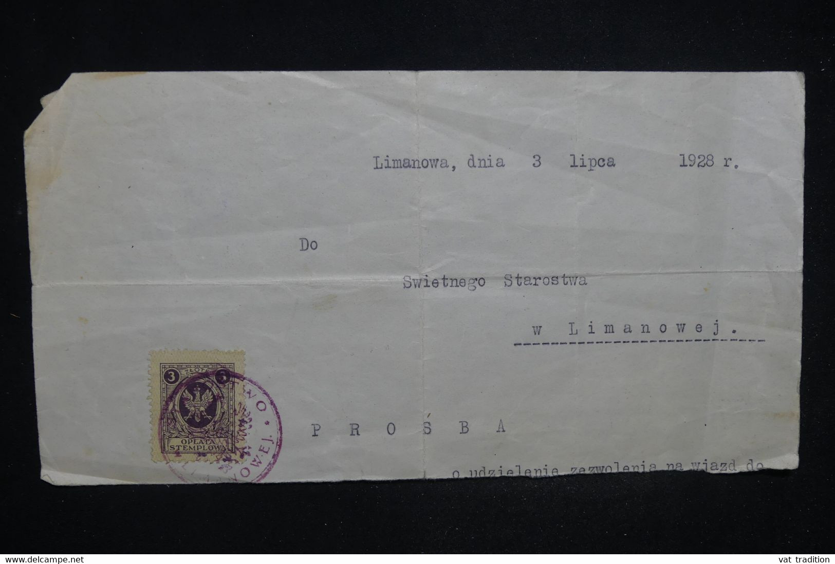 POLOGNE - Taxe Sur Document De Limanowa En 1928 - L 122917 - Portomarken