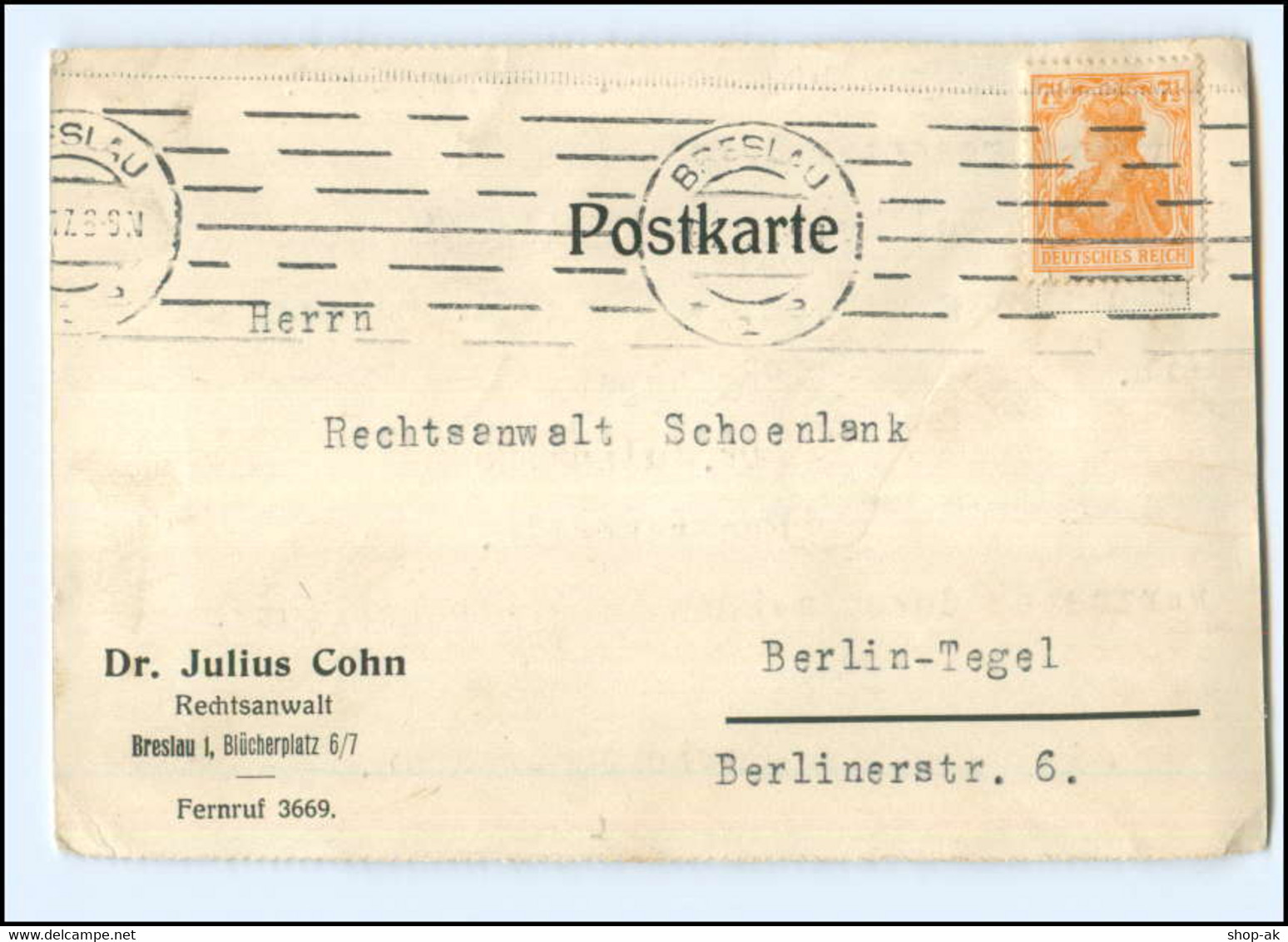 Y18782/ Dr. Julius Cohn (Judaika) Rechtsanwalt Breslau 1917 Postkarte AK - Schlesien