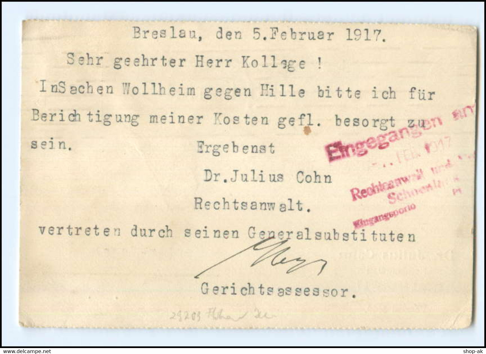 Y18782/ Dr. Julius Cohn (Judaika) Rechtsanwalt Breslau 1917 Postkarte AK - Schlesien