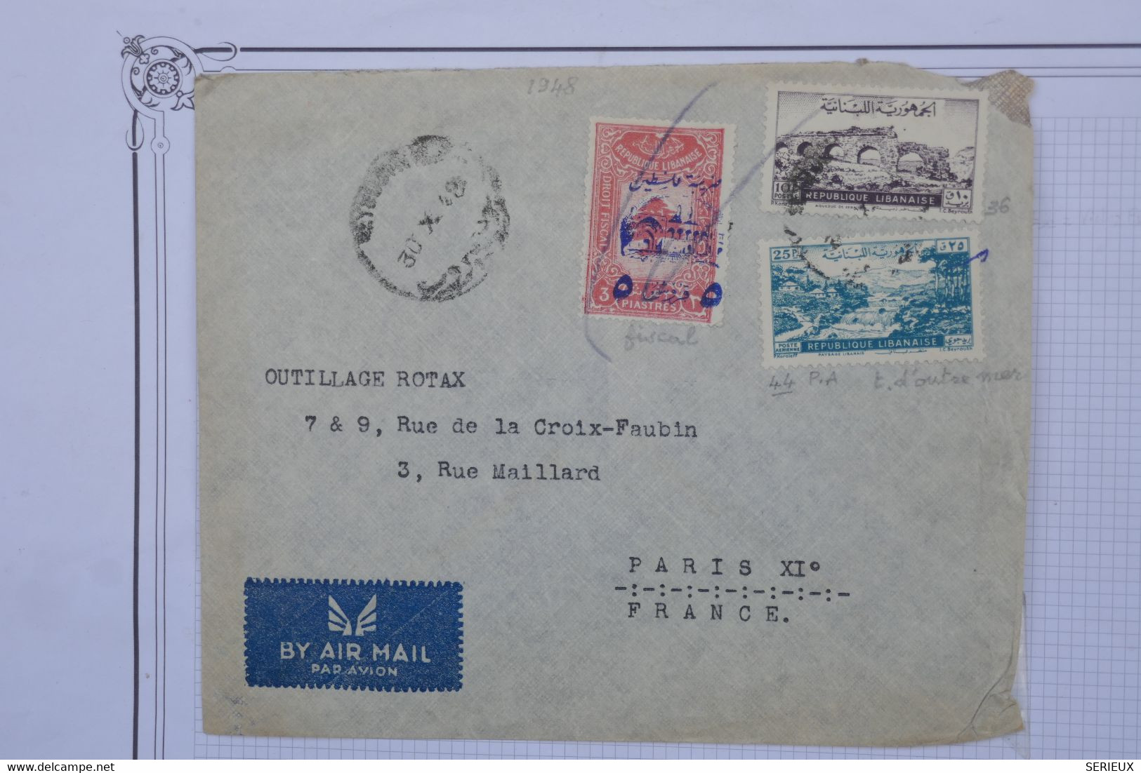 C  LIBAN  BELLE LETTRE RARE 1948 BEYROUTH  POUR PARIS FRANCE +T.FISCAL SURCHARGé ARMEE+ AFFRANCH. INTERESSANT - Covers & Documents