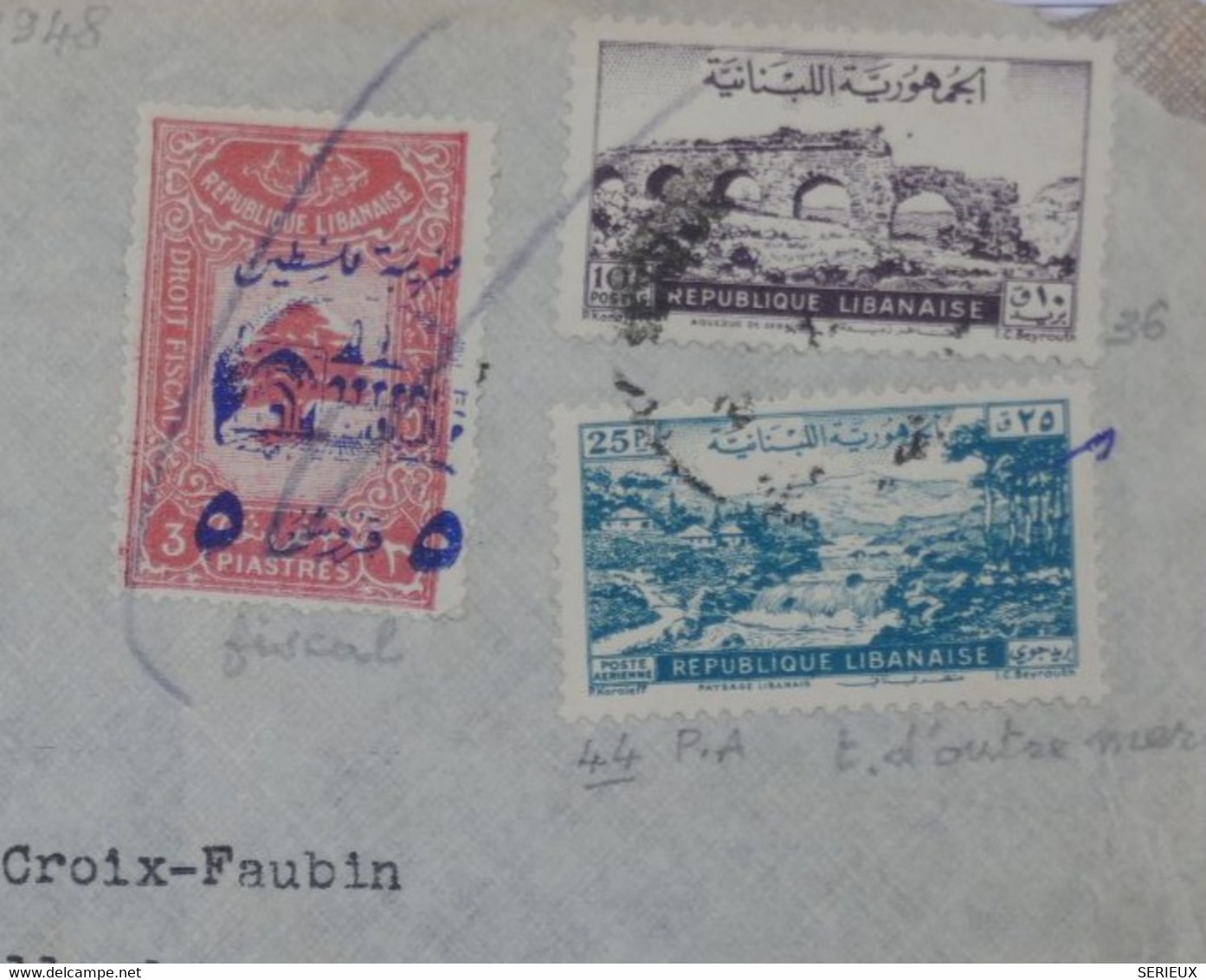 C  LIBAN  BELLE LETTRE RARE 1948 BEYROUTH  POUR PARIS FRANCE +T.FISCAL SURCHARGé ARMEE+ AFFRANCH. INTERESSANT - Cartas & Documentos