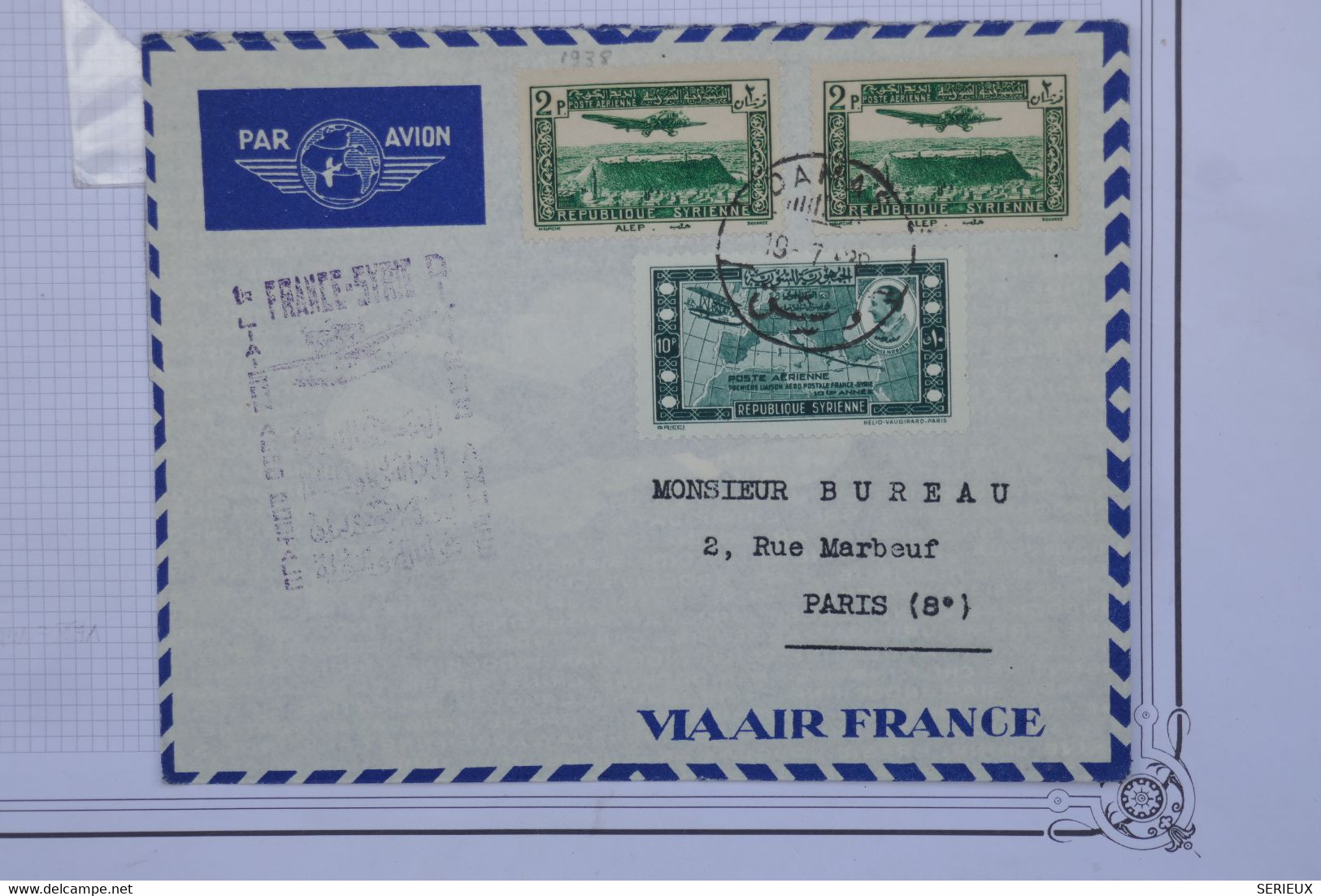 C SYRIE  BELLE LETTRE RARE 1938 CACHET AIR FRANCE 1ER VOL FRANCE SYRIE DAMAS   POUR  PARIS ++ AFFRANCH. PLAISANT - Cartas & Documentos