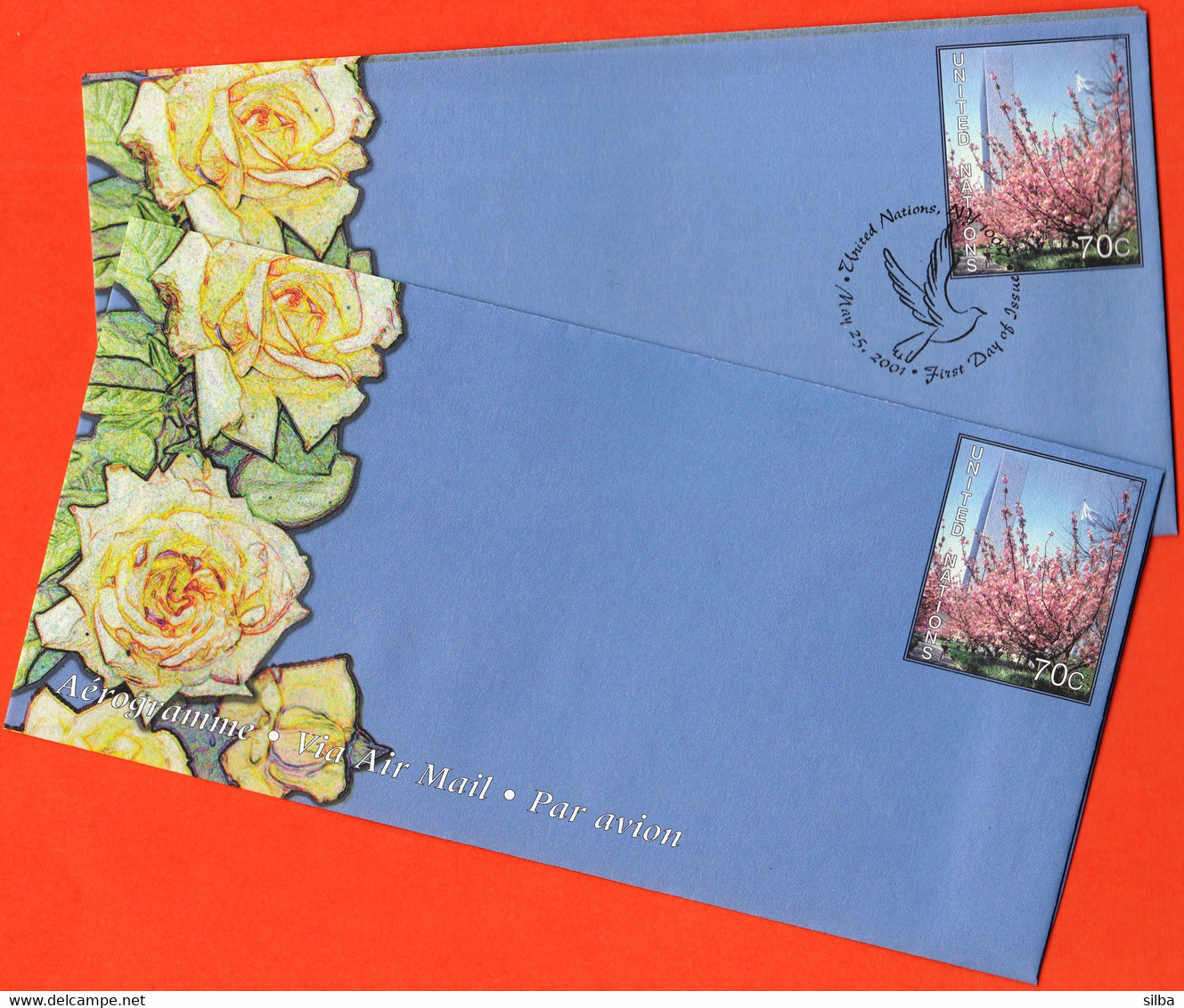 United Nations New York 2001 / Aerogramme, Air Mail / Flowers, Rose, Pidgeon, 70 C / Stationery - Luftpost