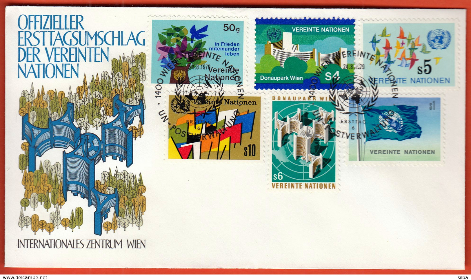 United Nations Vienna Wien 1979 / Birds, Flags, International Centre, Donaupark, Live In Peace, Coat Of Arms / FDC - Briefe U. Dokumente