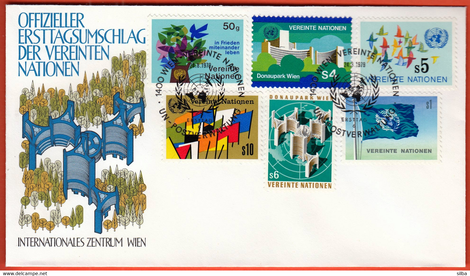 United Nations Vienna Wien 1979 / Birds, Flags, International Centre, Donaupark, Live In Peace, Coat Of Arms / FDC - Briefe U. Dokumente