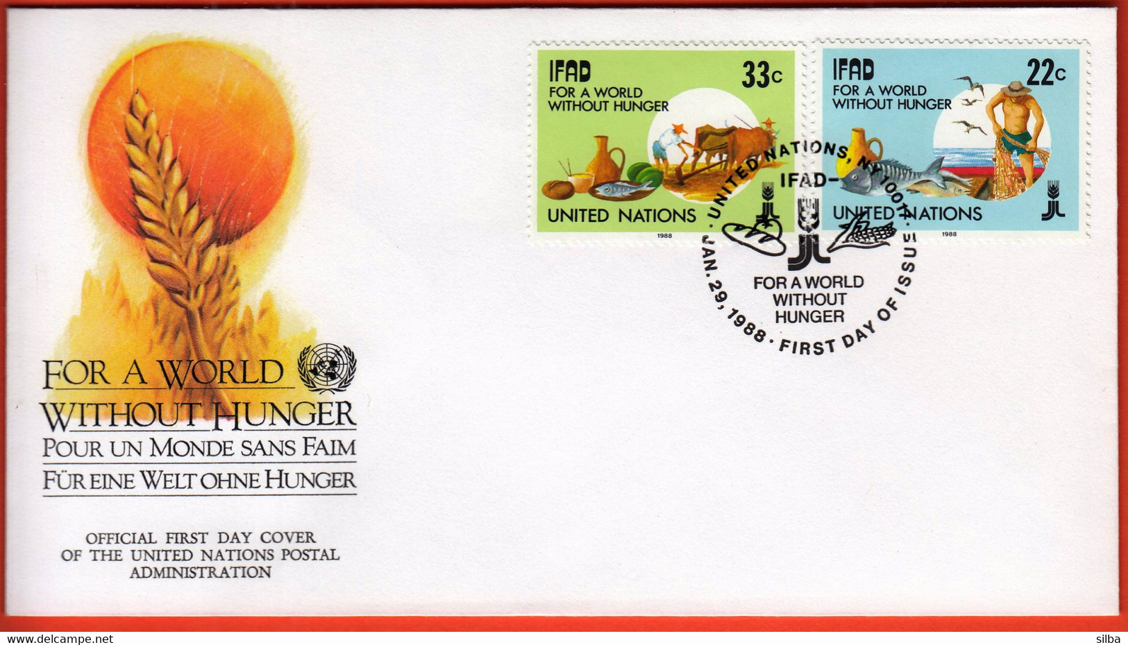 United Nations New York 1988 / For A World Without Hunger, Food, Bread, Corn, Cow, Fish / FDC - Briefe U. Dokumente