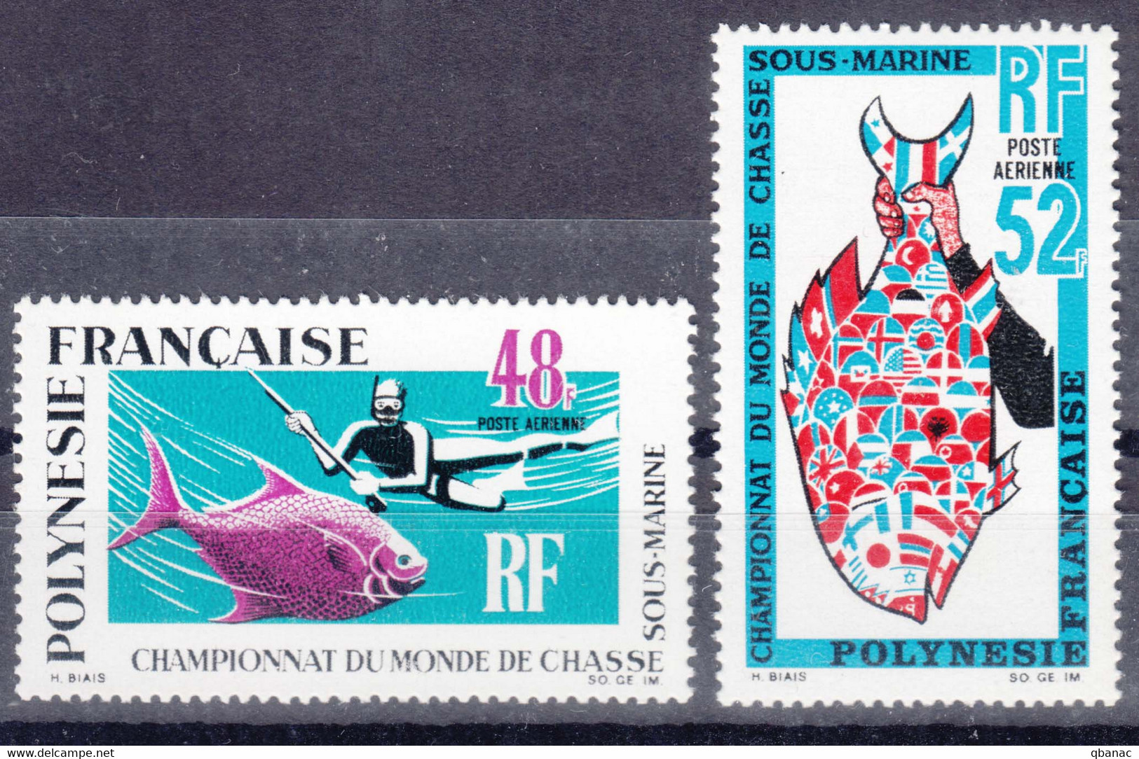 French Polynesia Polinesie 1969 Underwater Fishing Mi#94-95 Yvert#PA 29-30 Mint Never Hinged - Nuevos