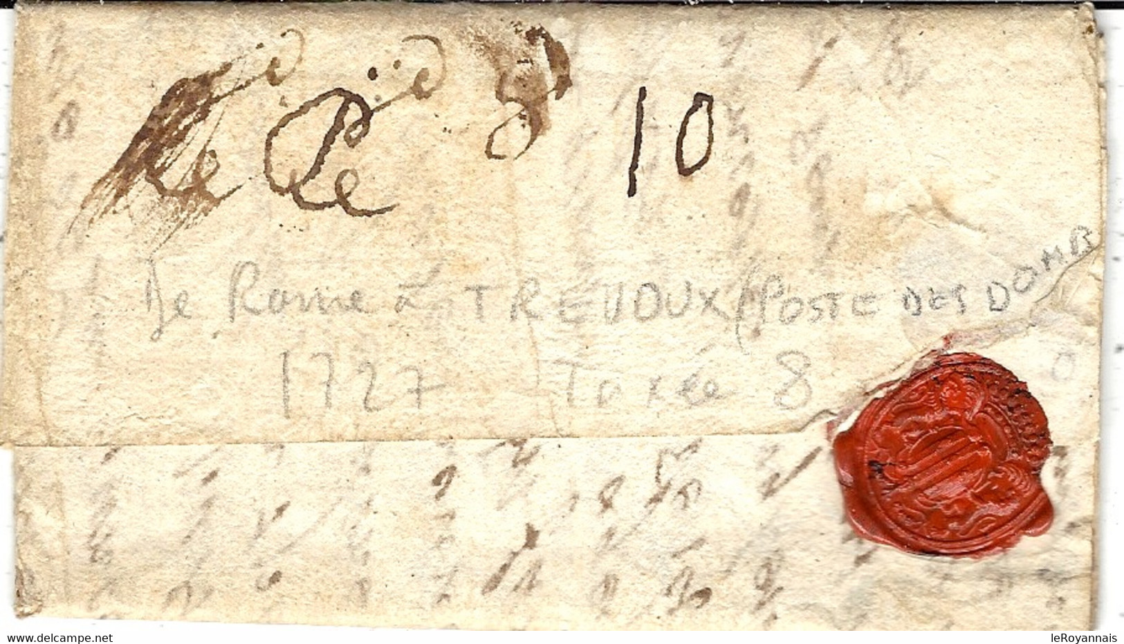 1727- Lettre De ROME  ( Sans Marque Postale ) TAXE 8 Sols Pour TREVOUX  - Voir Le Dos - 1701-1800: Precursori XVIII