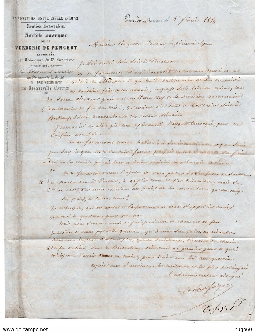 Lettre De La Verrerie De Penchot - 1853-1860 Napoléon III