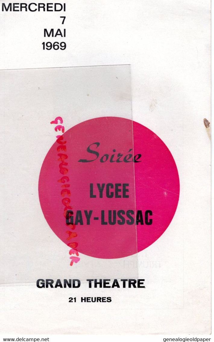 87- LIMOGES- PROGRAMME GRAND THEATRE SOIREE LYCEE GAY LUSSAC-7 MAI 1969-MARIVAUX-FOLK SONG-MICHEL BRUZAT-LINOL-JEUDY- - Programs