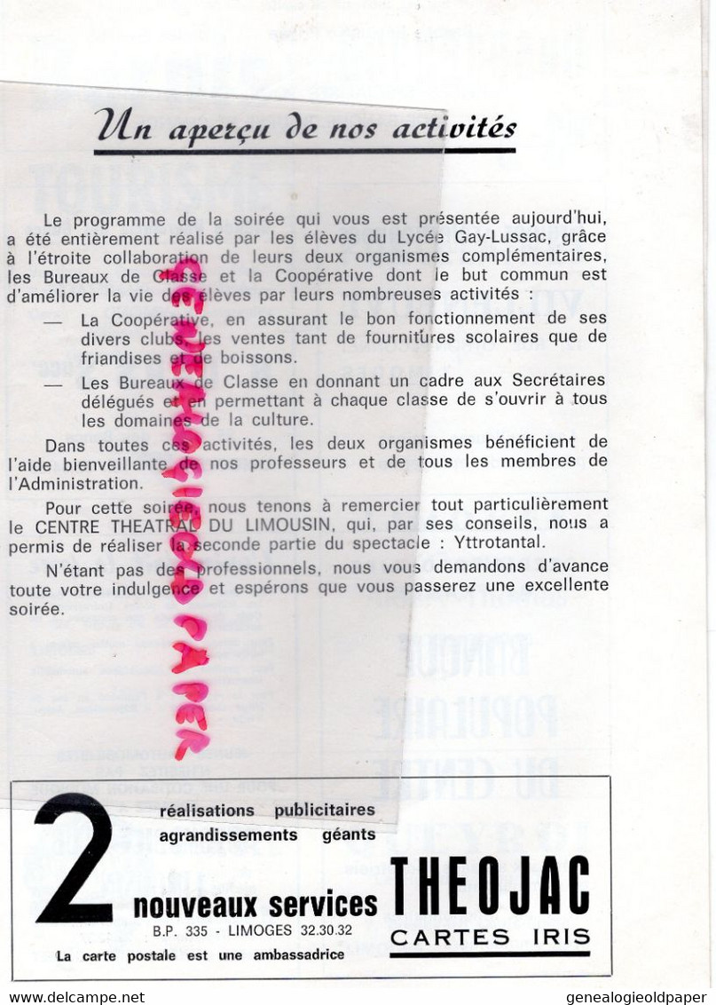 87- LIMOGES- PROGRAMME GRAND THEATRE SOIREE LYCEE GAY LUSSAC-7 MAI 1969-MARIVAUX-FOLK SONG-MICHEL BRUZAT-LINOL-JEUDY- - Programmes