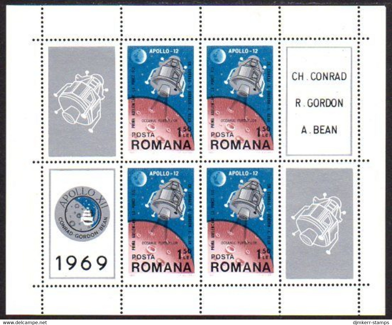 ROMANIA 1969 Apollo 12 Moon  Landing Block MNH / **.  Michel Block 74 - Blocks & Sheetlets