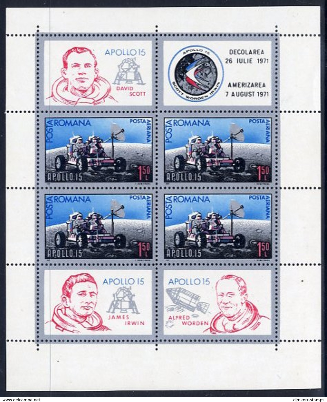 ROMANIA 1971 Apollo 15 Space Flight Block MNH / **.  Michel Block 88 - Blocks & Sheetlets