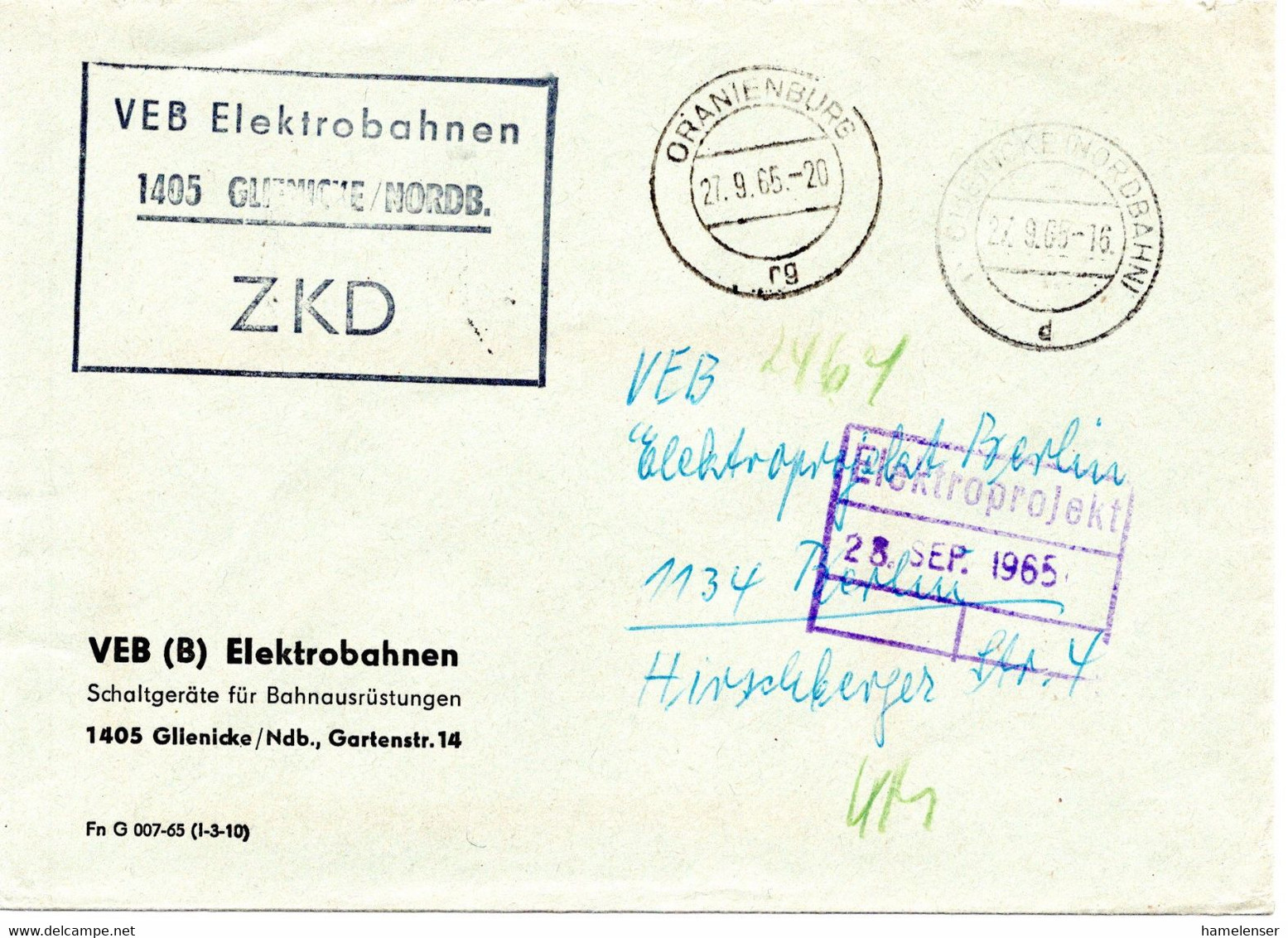 59215 - DDR - 1965 - ZKD-Bf GLIENICKE -> ORANIENBURG -> BERLIN, Abs VEB Elektrobahnen - Trenes