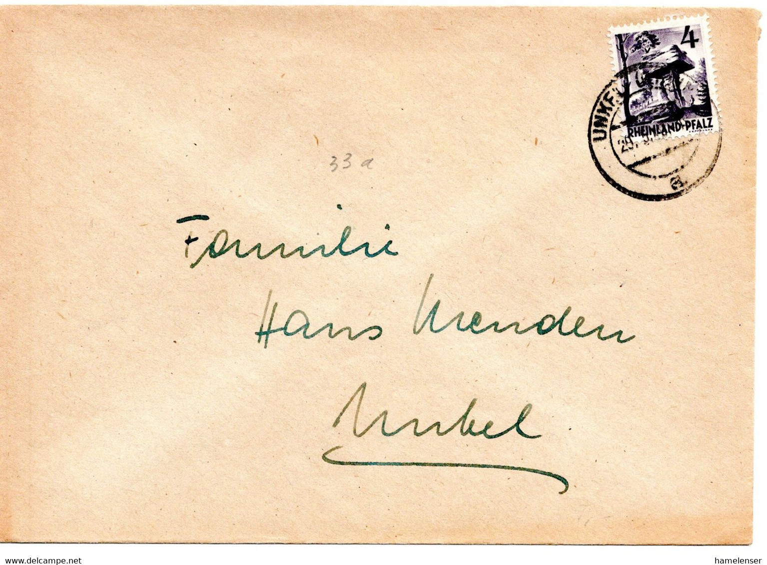 59230 - Frz. Zone / Rheinland-Pfalz - 1949 - 4Pfg EF A DrucksOrtsBf UNKEL - Rheinland-Pfalz