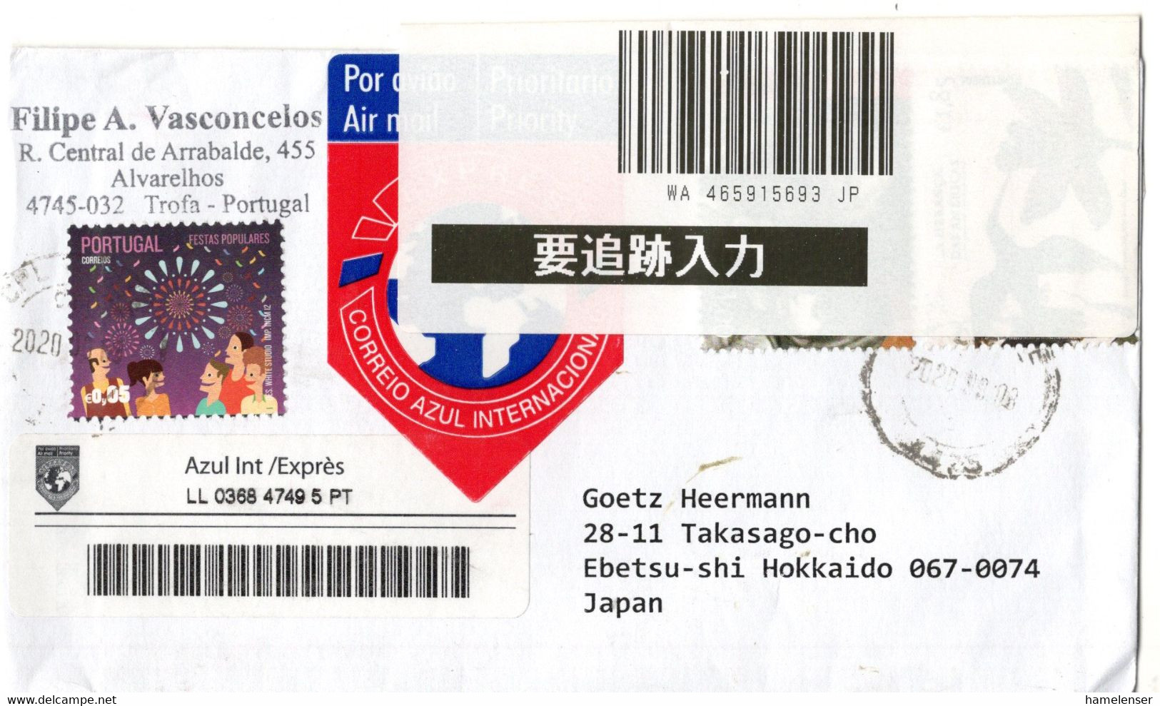 59232 - Portugal - 2020 - €0,05 Feiern MiF A Lp-EilBf TROFA -> Japan - Storia Postale