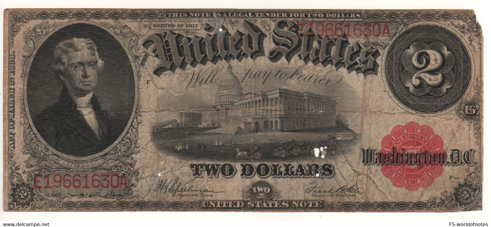 USA    $ 2  Large Size  P188  Dated 1917   "President Thomas Jefferson + Capitol Building" - Bilglietti Degli Stati Uniti (1862-1923)