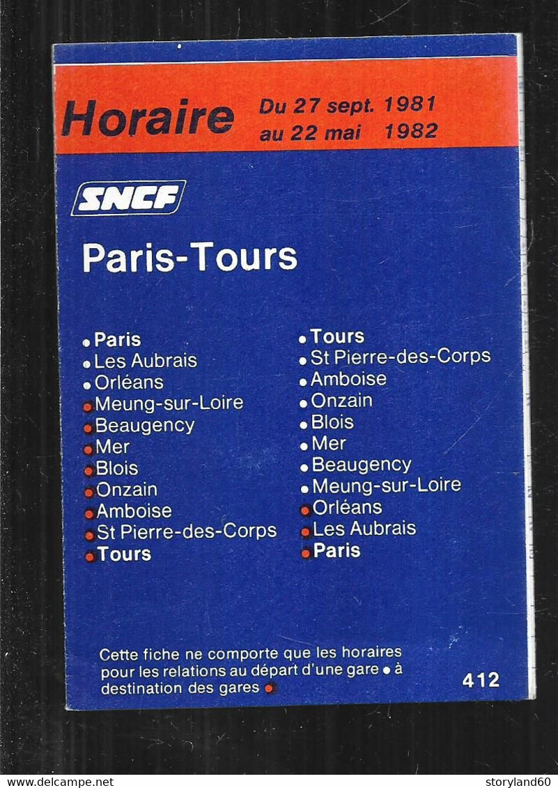 Sncf Horaires Paris Tours 1981-1982 - Europe