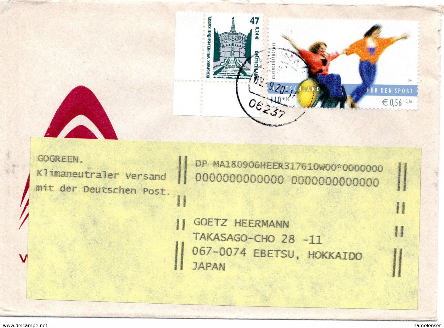 59234 - Bund - 2020 - €0.56/110Pfg Sport '01 MiF A Bf LEUNA -> Hameln, Nachges. Nach Japan - Lettres & Documents