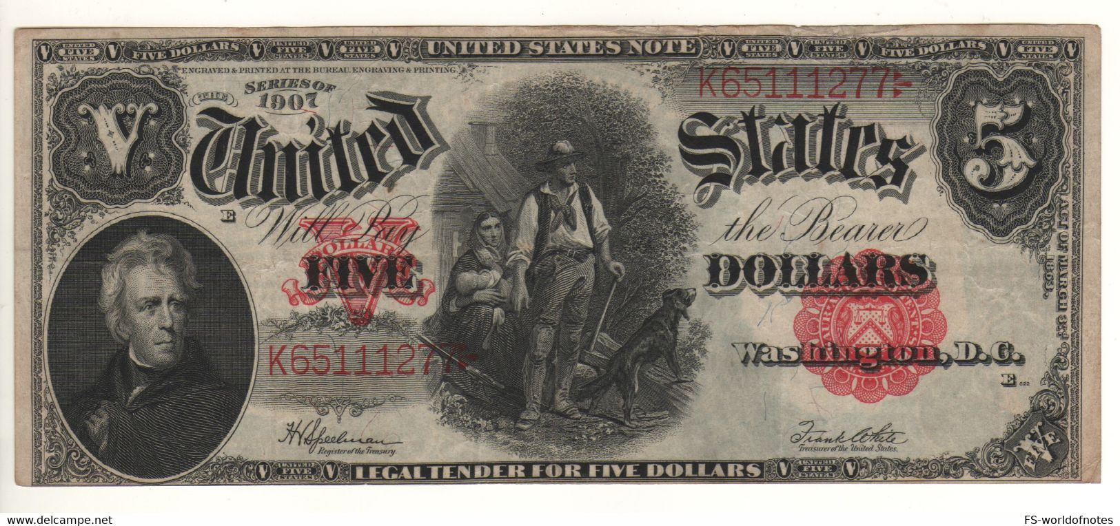 USA    $ 5  Large Size  P186  Dated 1907   "President Andrew Jackson, + Pioneer Family" - United States Notes (1862-1923)