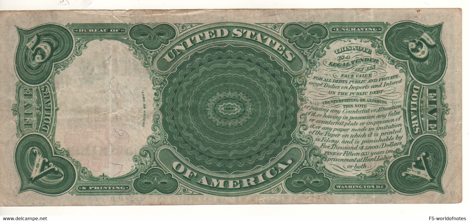 USA    $ 5  Large Size  P186  Dated 1907   "President Andrew Jackson, + Pioneer Family" - United States Notes (1862-1923)