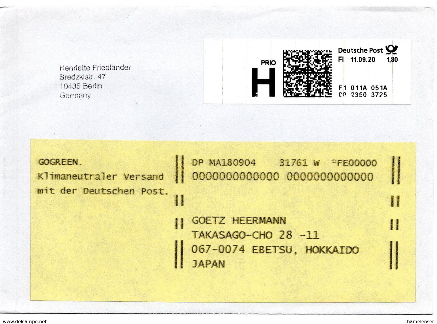 59235 - Bund - 2020 - €1,80 Schalterfreistpl A PrioBf Berlin -> Hameln, Nachges. Nach Japan - Lettres & Documents