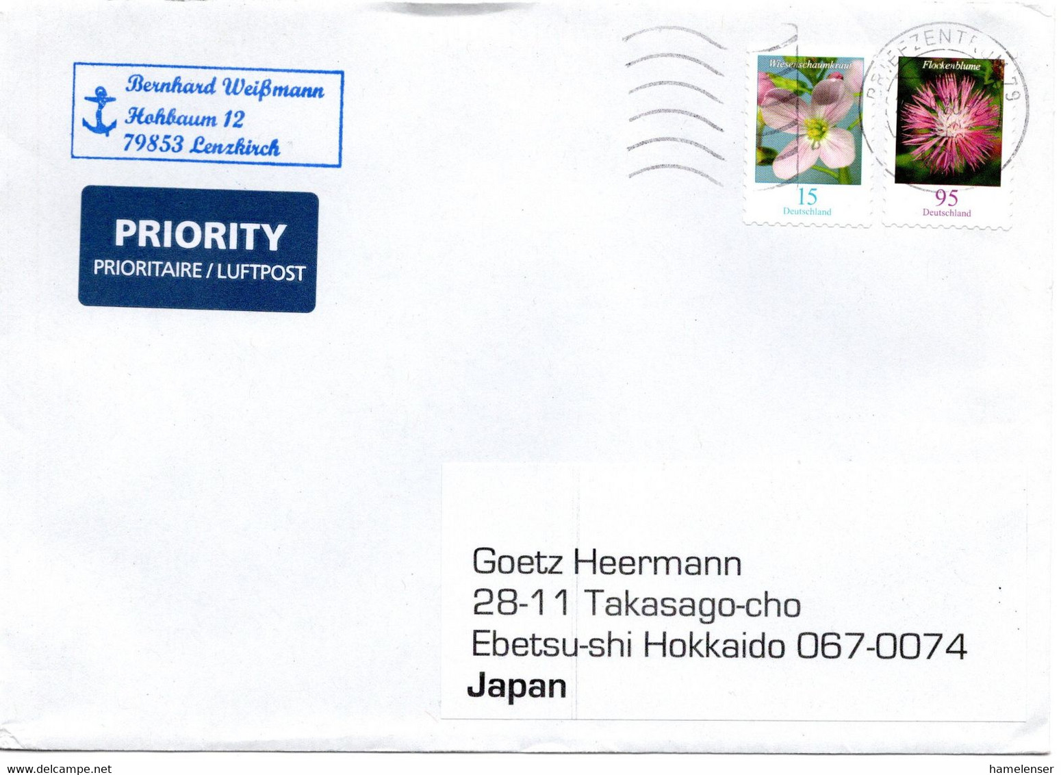 59238 - Bund - 2020 - 95c Blumen MiF A LpBf BRIEFZENTRUM 79 -> Japan - Cartas & Documentos
